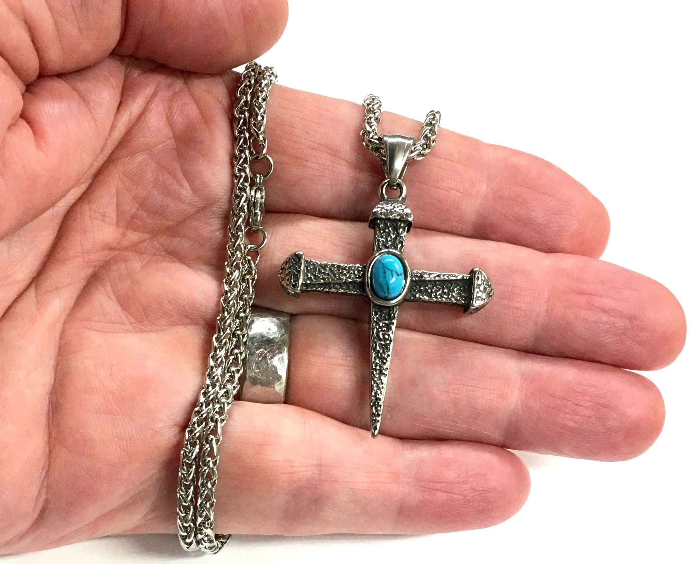 Men's cross pendant choker necklace with turquoise inlay and hammered metal chain