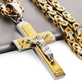 Two-tone crucifix pendant necklace with curb chain, tall cross with Jesus figure
