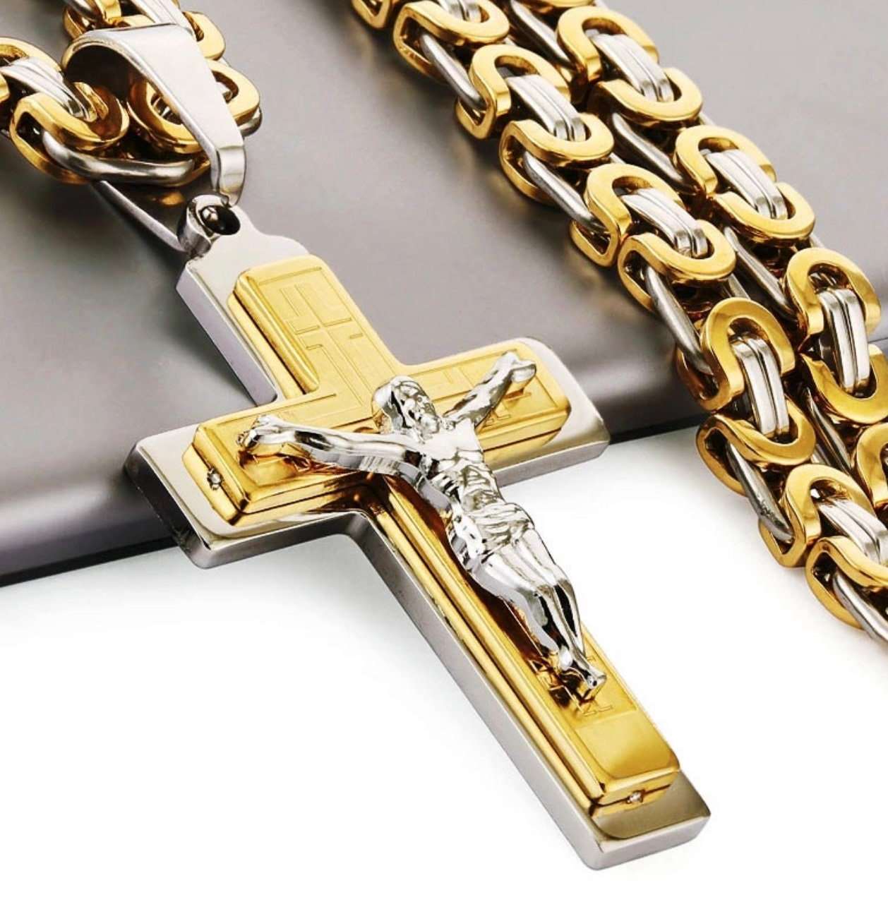 Two-tone crucifix pendant necklace with curb chain, tall cross with Jesus figure