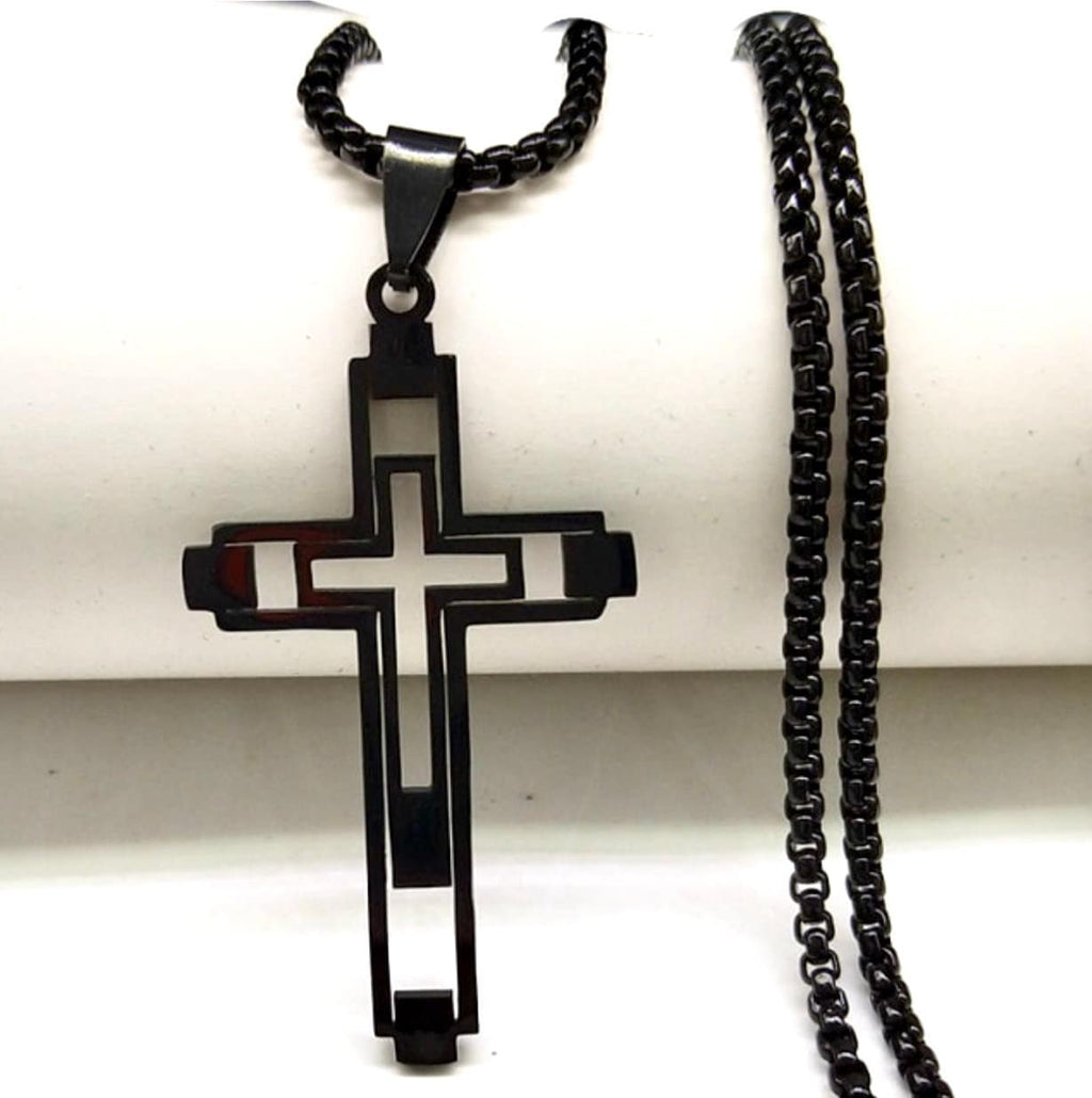 Black cross pendant on braided-style chain necklace