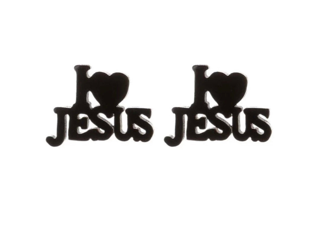 Heart Jesus stud earrings in black-tone metal, front view