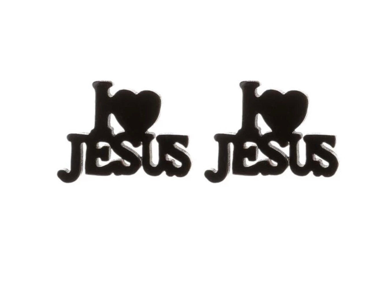 Heart Jesus stud earrings in black-tone metal, front view