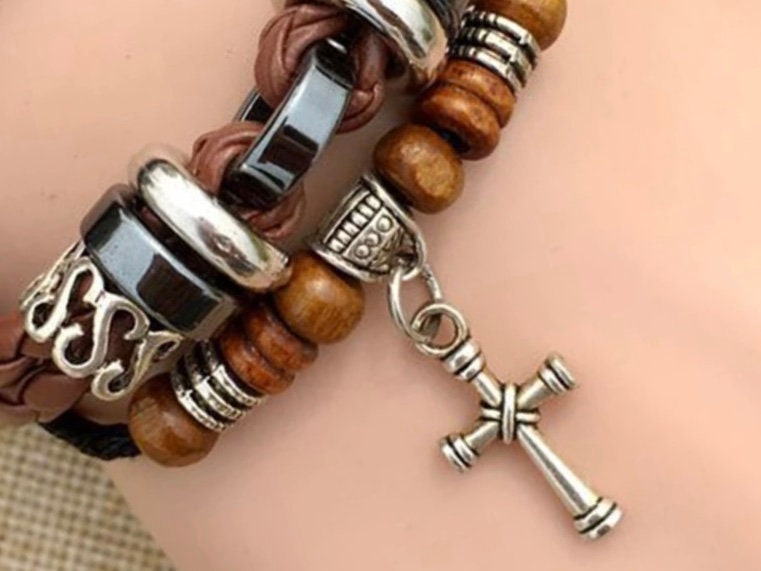 Brown leather 3-wrap bracelet with silver cross charm, metal beads and accents