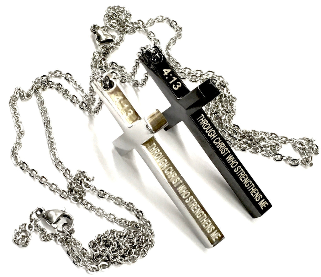Stainless steel cross pendant necklace with engraved text and silver chain