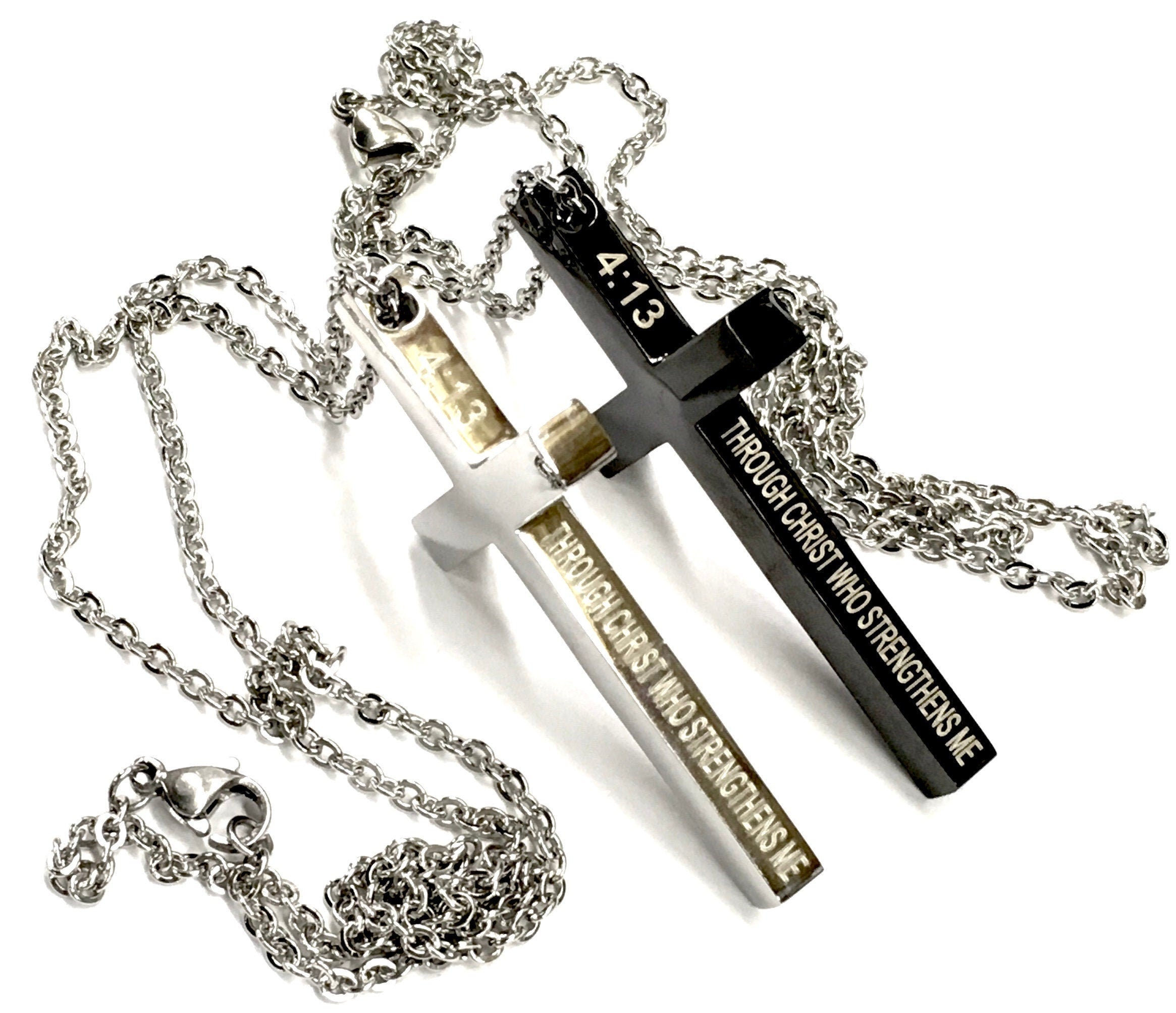 Stainless steel cross pendant necklace with engraved text and silver chain