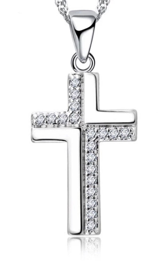Sterling silver cross pendant with zircon pavé on a chain