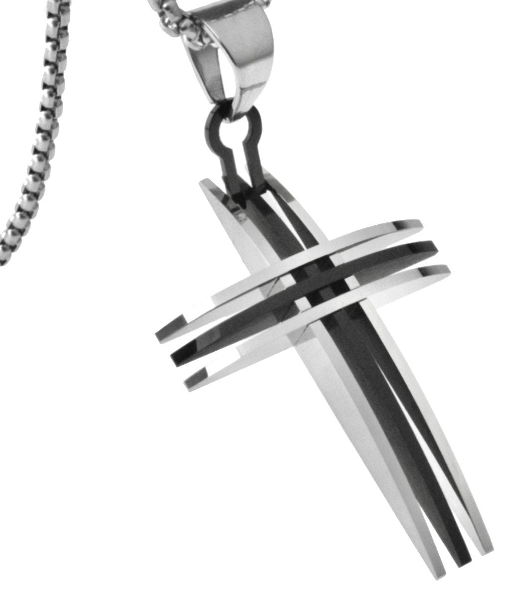 Silver triple cross necklace with black bar pendant and link chain