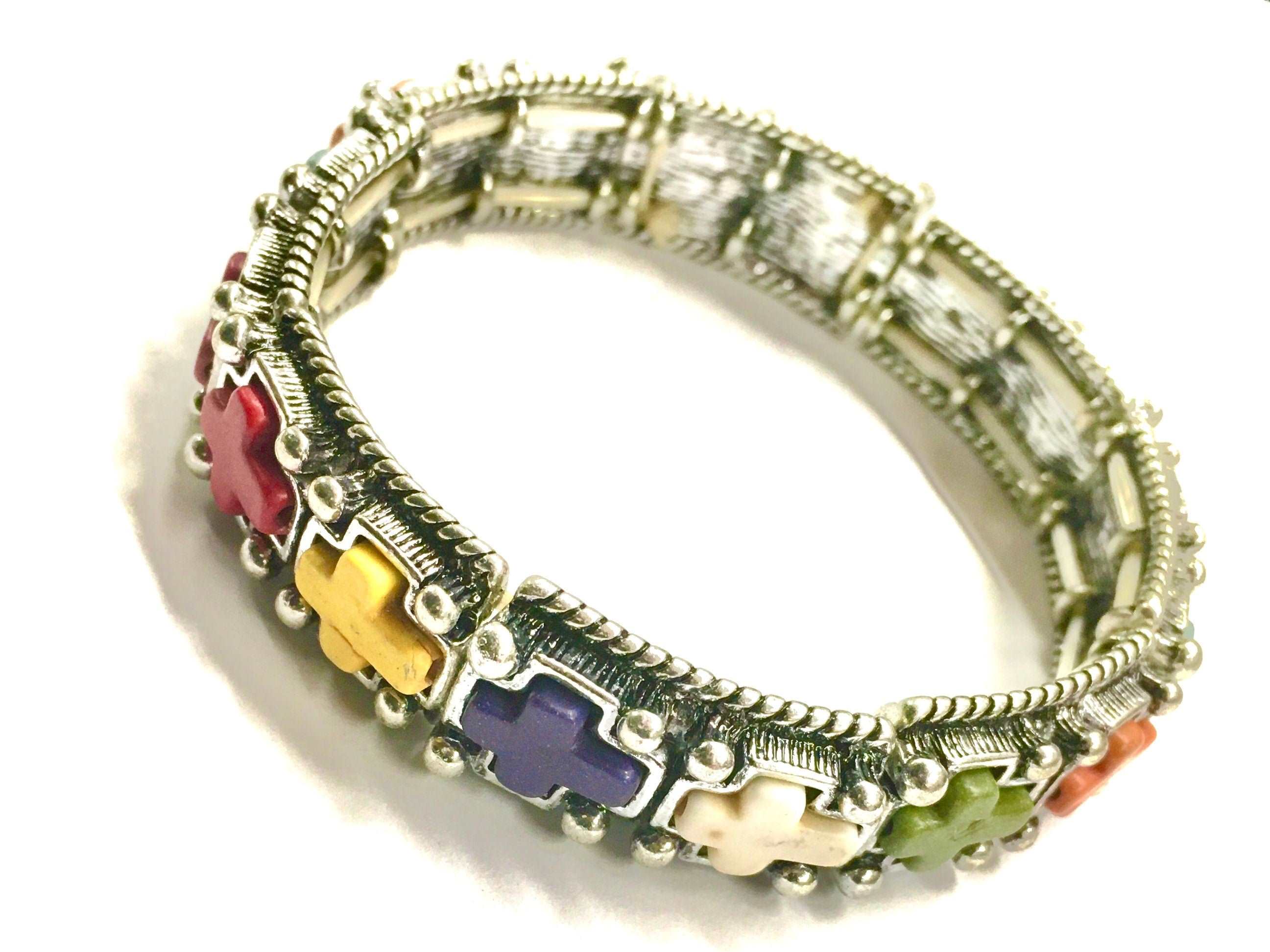 Silver cross stretch bracelet with multicolor cross stones and braided metal cuff