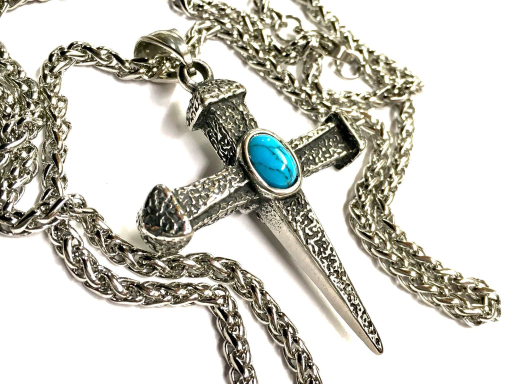 Turquoise-stone cross pendant choker necklace with pointed hammered tips