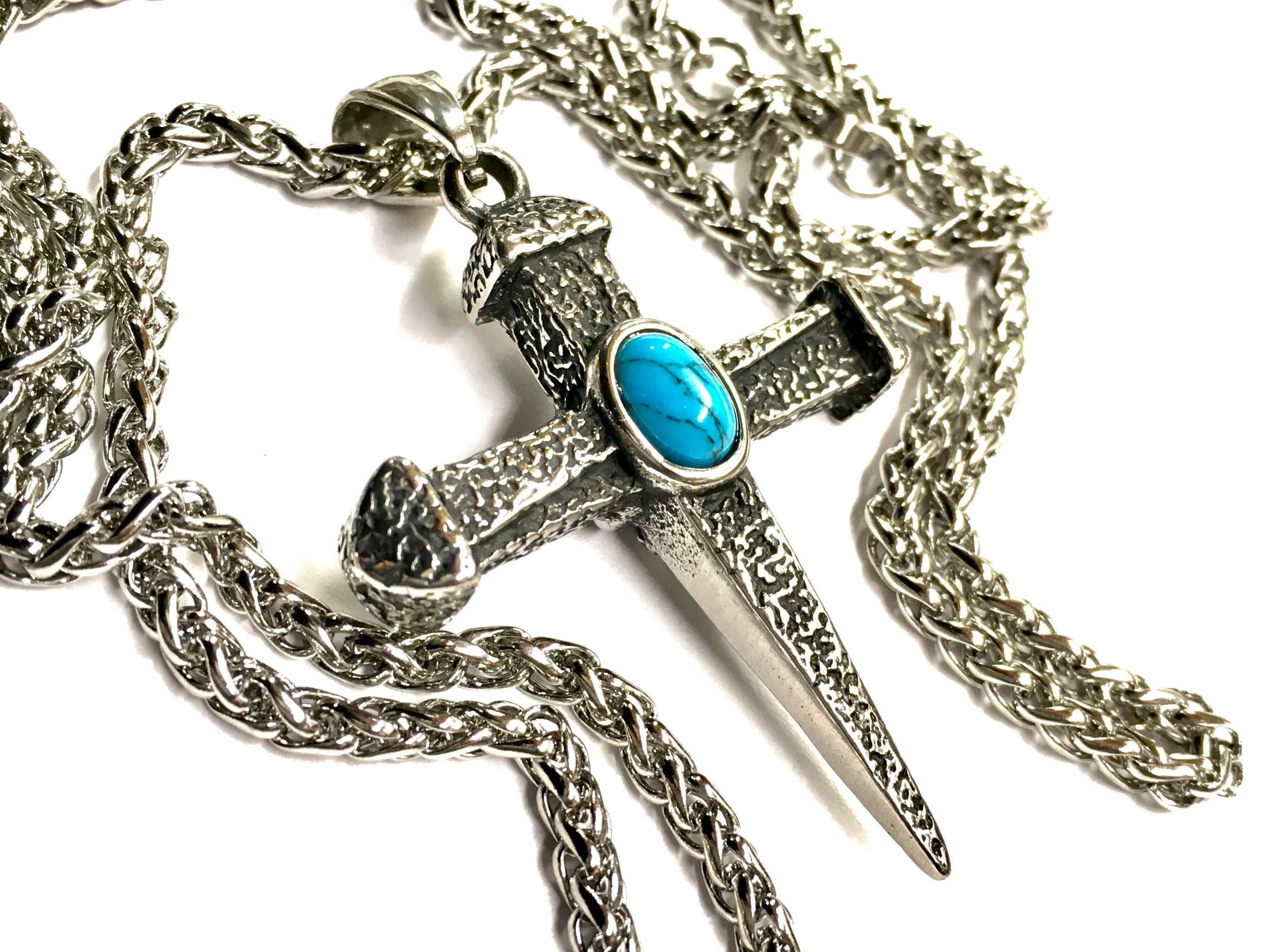 Turquoise-stone cross pendant choker necklace with pointed hammered tips