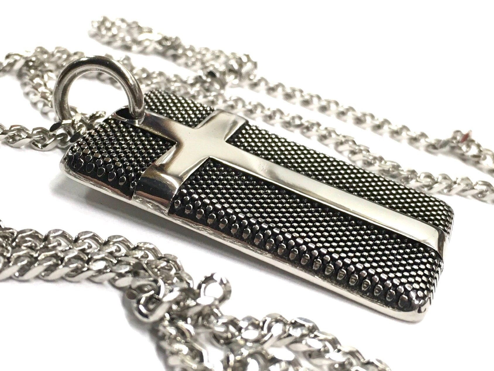 Stainless steel cross dog tag pendant necklace, textured front with curb chain