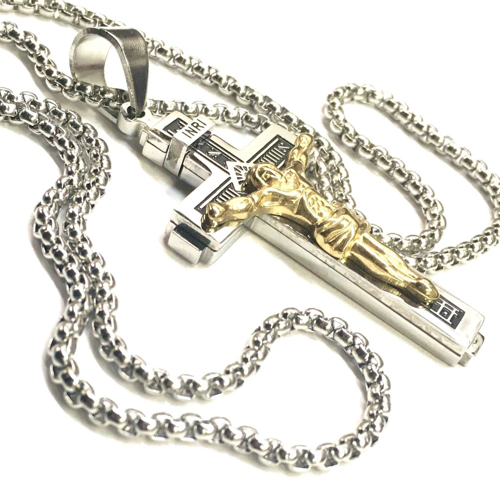 Silver curb chain necklace with two-tone crucifix pendant and gold Jesus figure