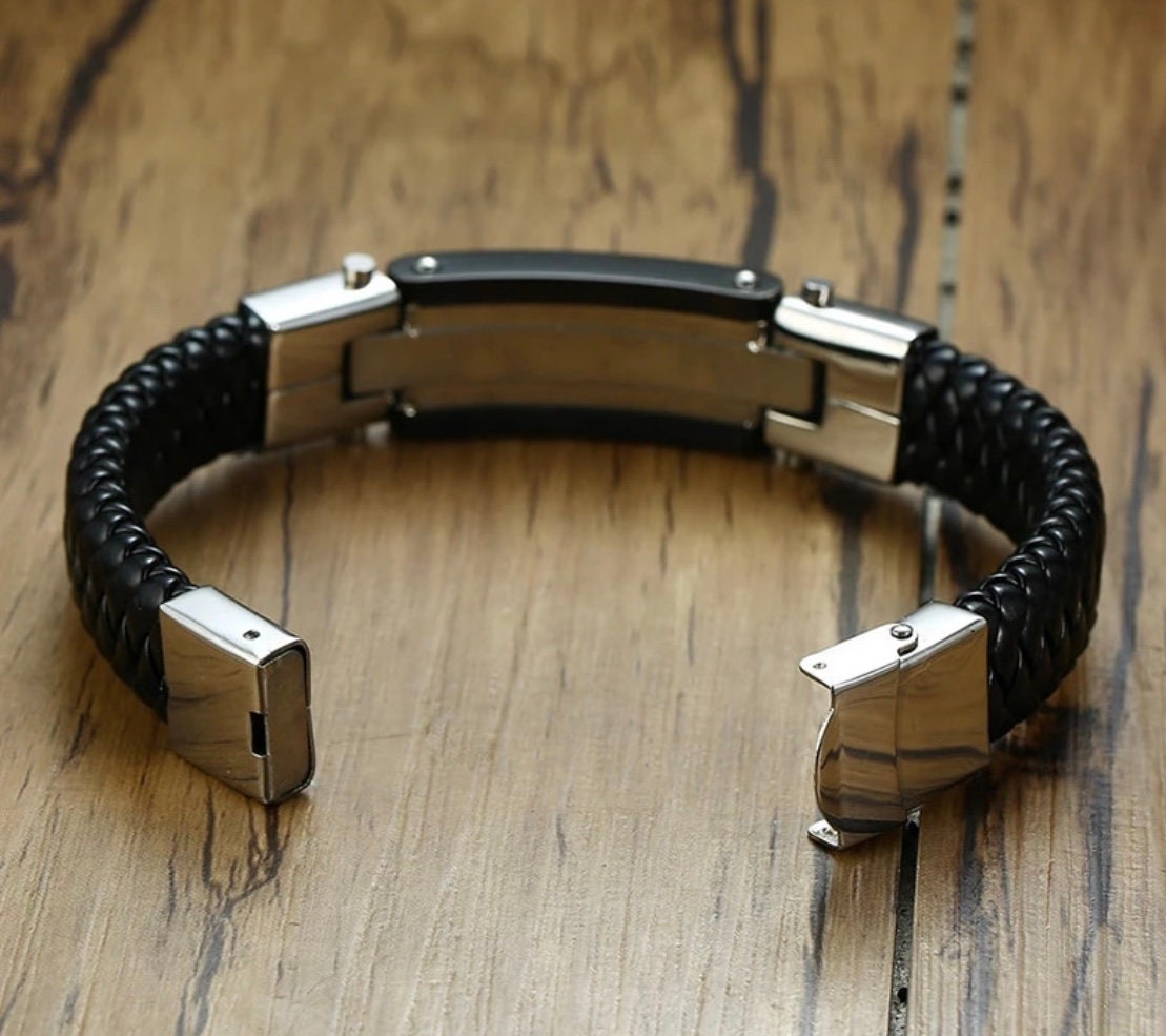 Black leather braided stainless steel cuff bracelet with rectangular clasp ends