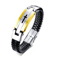 Black leather braided stainless steel bracelet with cross centerpiece and gold accent panel