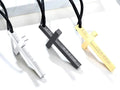Men's stainless steel cross necklace with black cord, black and gold pendants