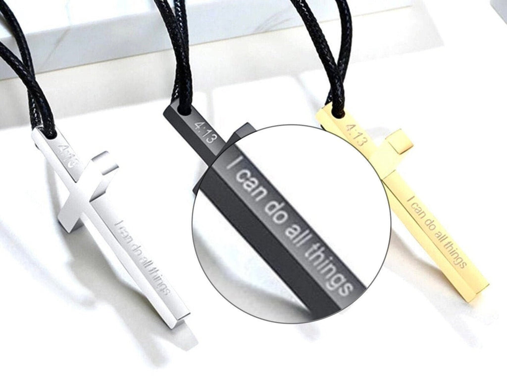 Men's stainless steel cross necklaces with black cords, silver and black pendants