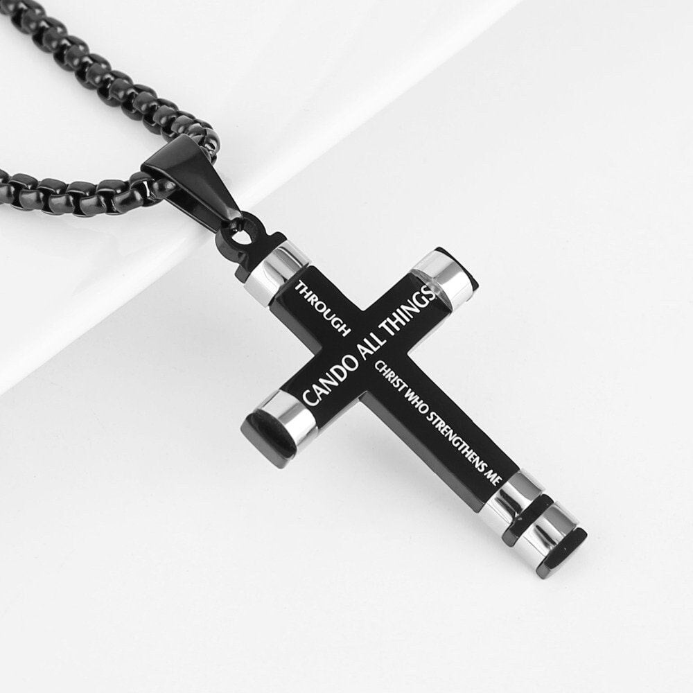 Mens silver cross necklace with black beaded chain and engraved message pendant