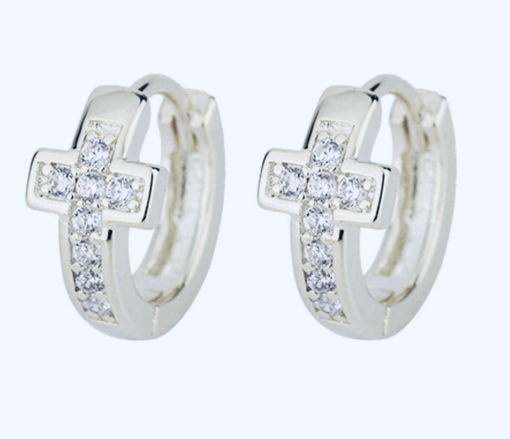 Silver cuff cross earrings with clear square CZ stones, hinged small hoops