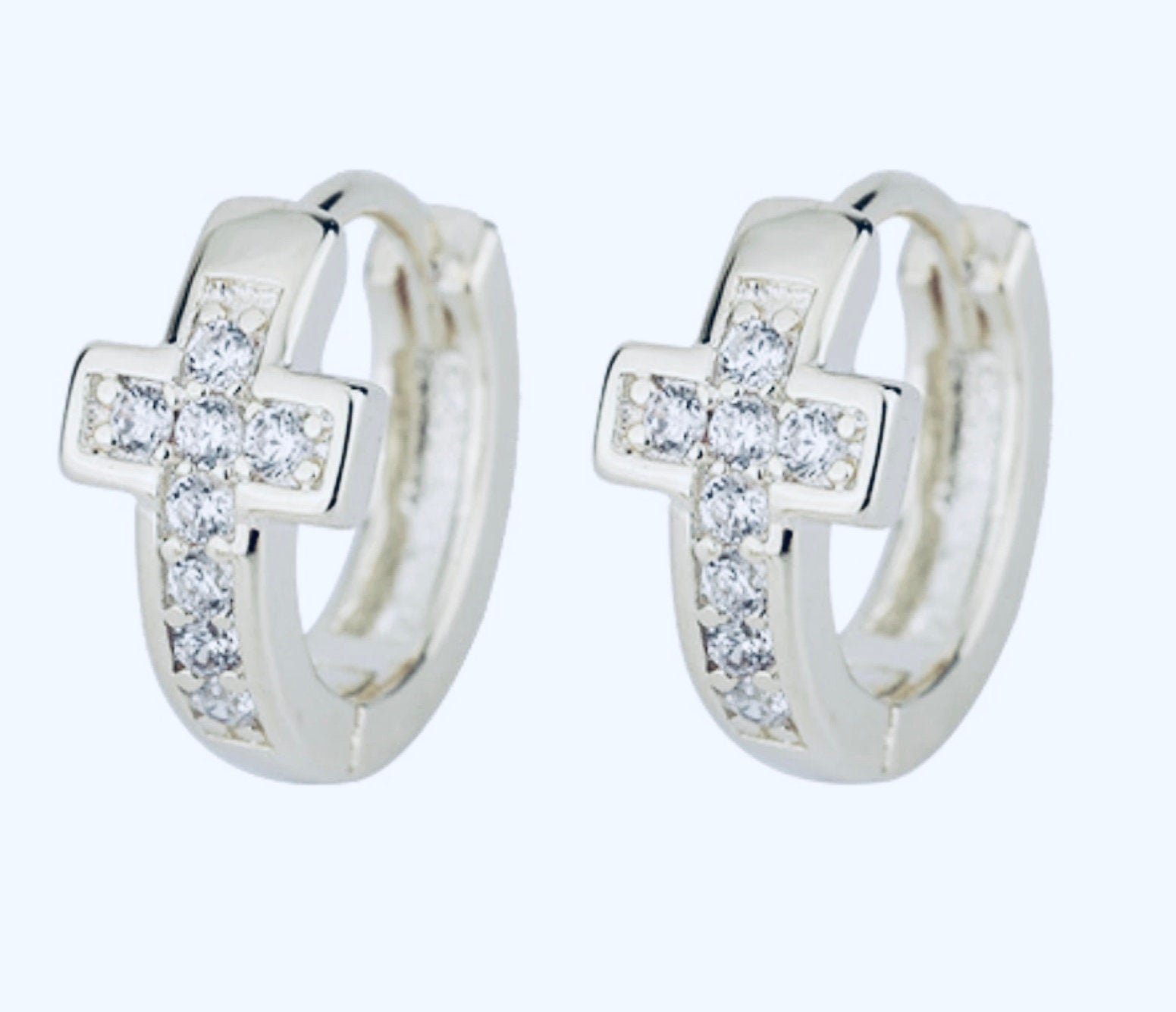 Silver cuff cross earrings with clear square CZ stones, hinged small hoops