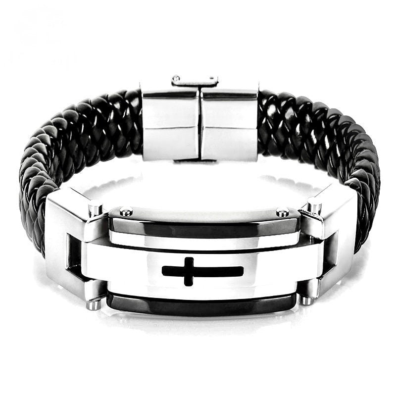Stainless steel and black leather braided bracelet with raised cross emblem on center bar