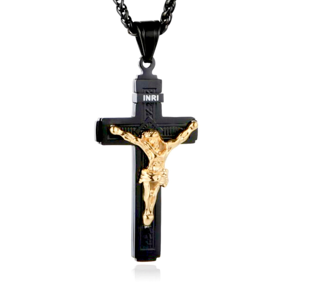 Black and gold crucifix pendant necklace with INRI plaque on chain