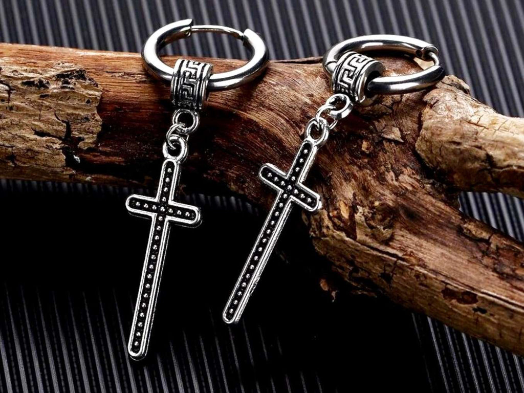 Silver-tone Celtic cross drop hoop earrings with dangling crosses