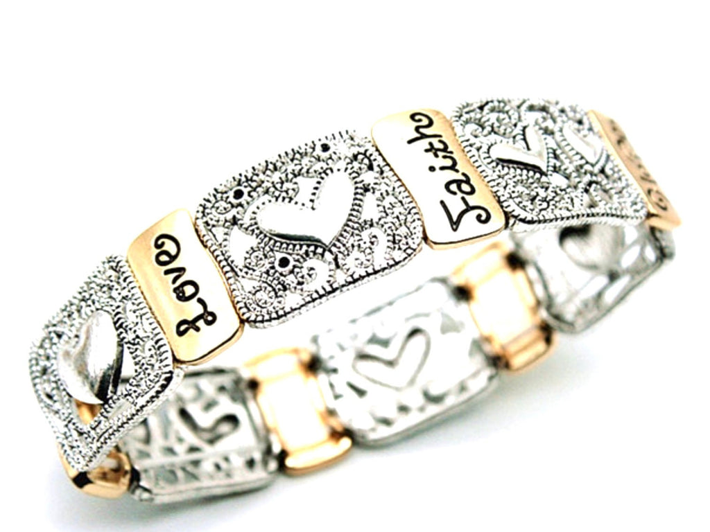 Silver-tone stretch bracelet with heart designs and Love, Faith, Hope charms