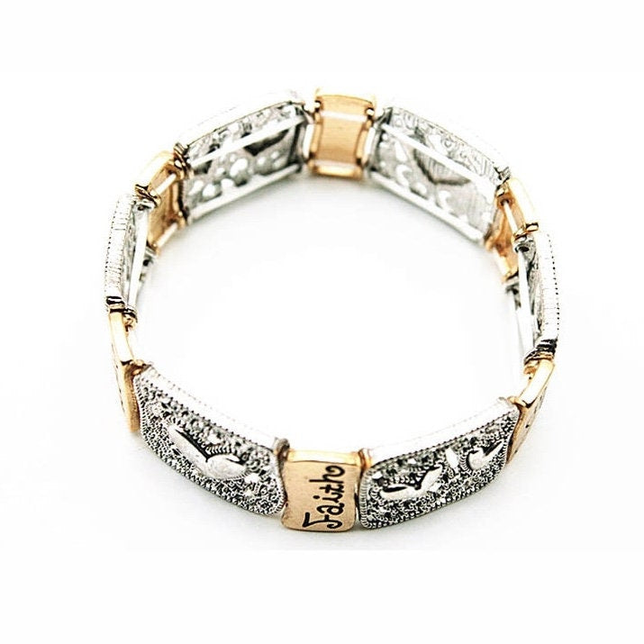 Silver-tone stretch bracelet with heart engravings and gold-tone square links