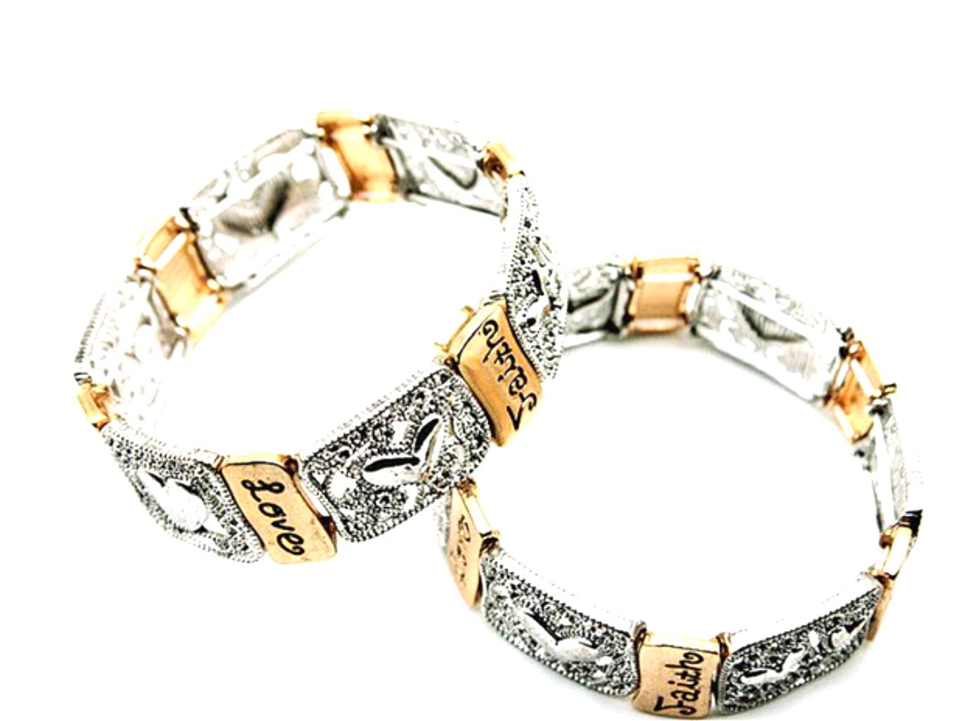 Two silver-tone stretch bracelets with gold-tone links, heart plaques, and Love, Faith