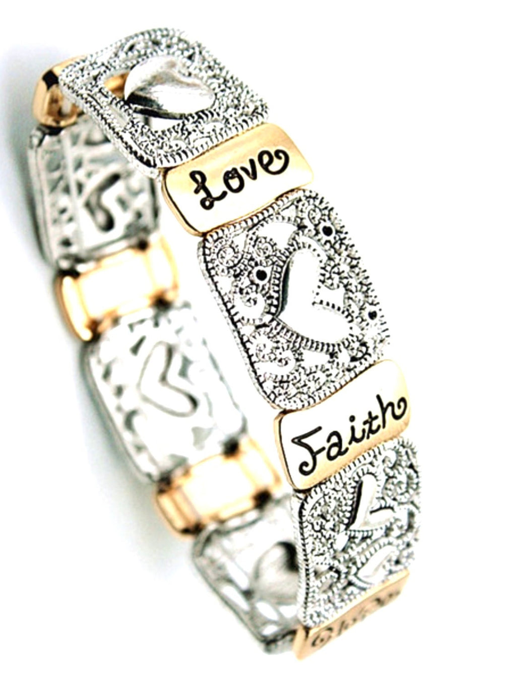 Silver-tone stretch bracelet with heart plaques and engraved words Love, Faith