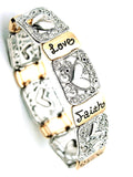 Silver-tone stretch bracelet with heart plaques and engraved words Love, Faith