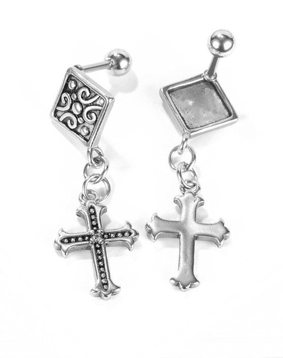Silver cross dangle earrings with square stud posts and separate cross charms on chains