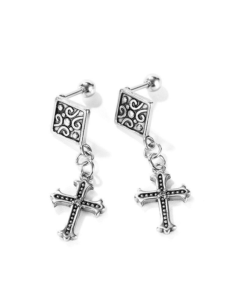 Silver cross drop stud earrings, square filigree tops with dangling cross charms