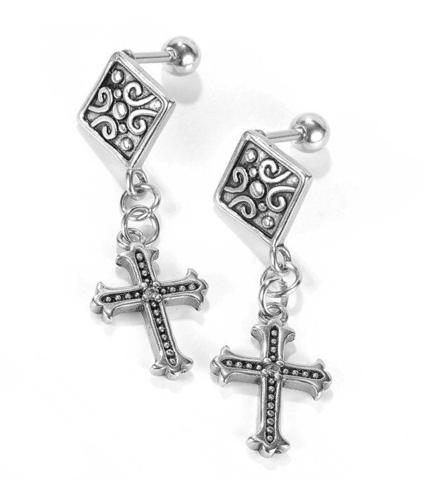 Silver cross dangle earrings with ornate square tops, screw-back posts, and cross charms