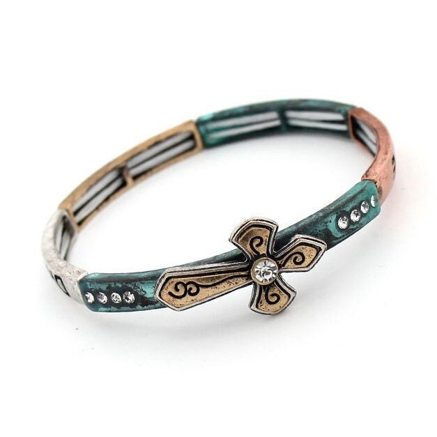 Teal stretch bracelet cuff with gold cross charm and rhinestone accents