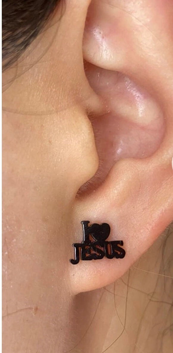 Heart Jesus stud earrings in black-tone metal