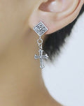 Silver cross dangle earrings with ornate square tops and screw-back posts