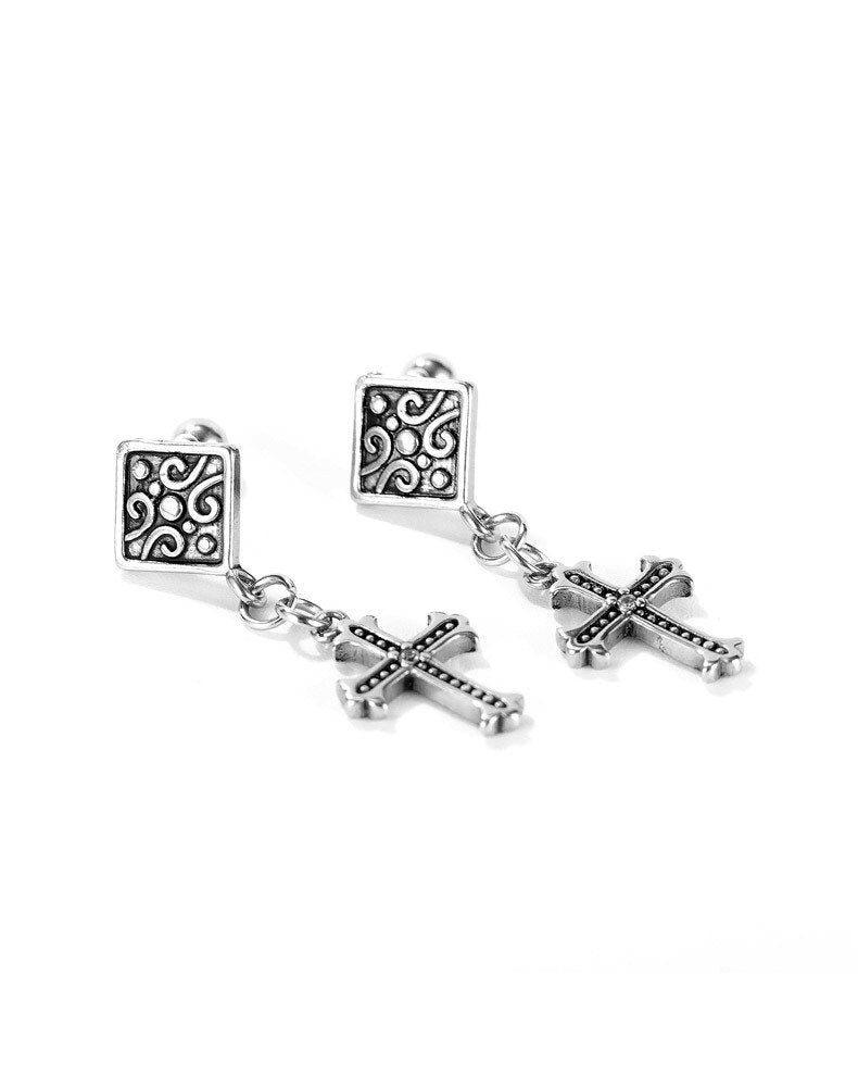 Silver cross drop earrings with square stud tops and hanging cross charms on links
