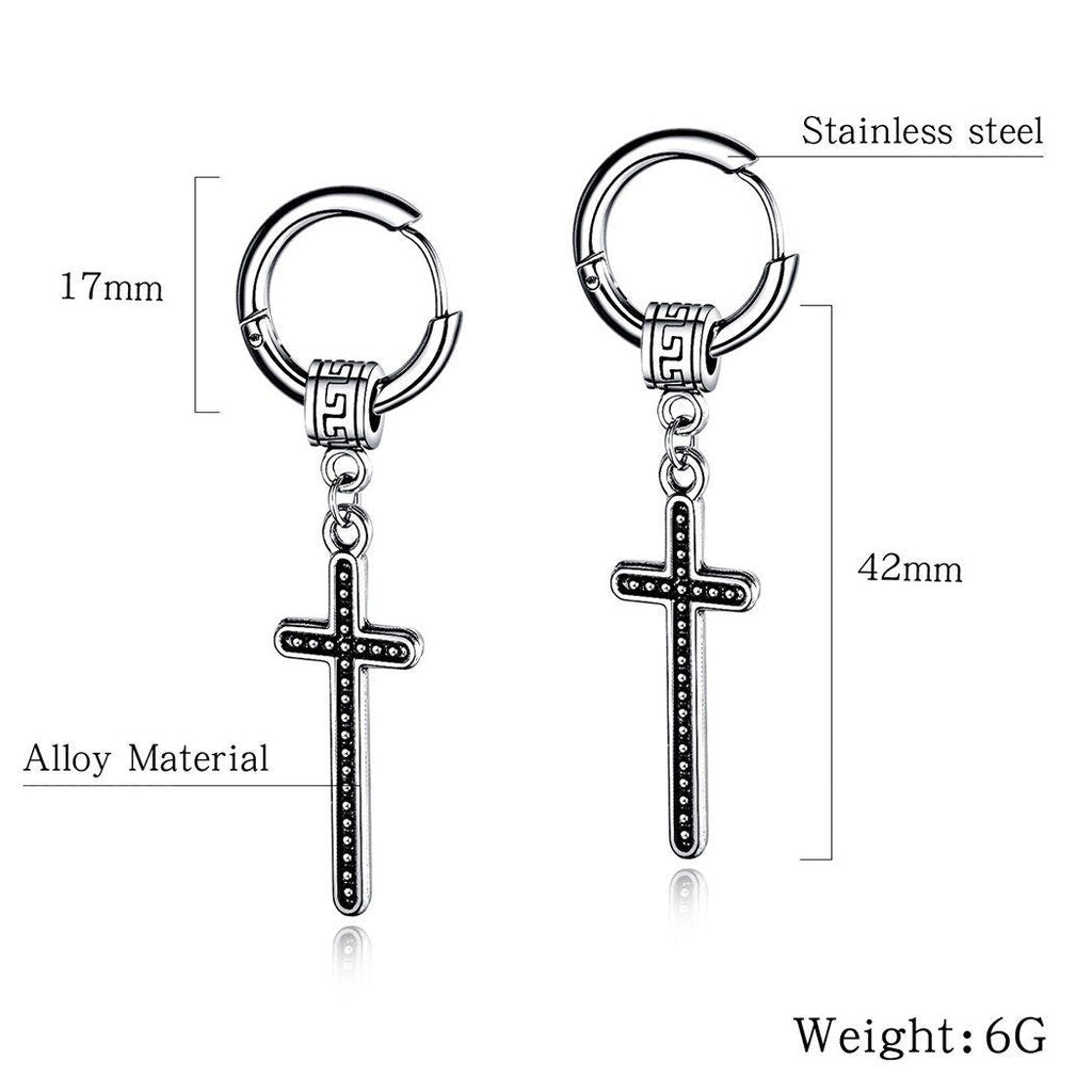 Stainless steel hoop earrings with Celtic cross drop, size diagram shown