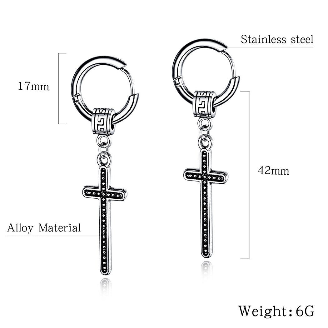 Stainless steel hoop earrings with Celtic cross drop, size diagram shown
