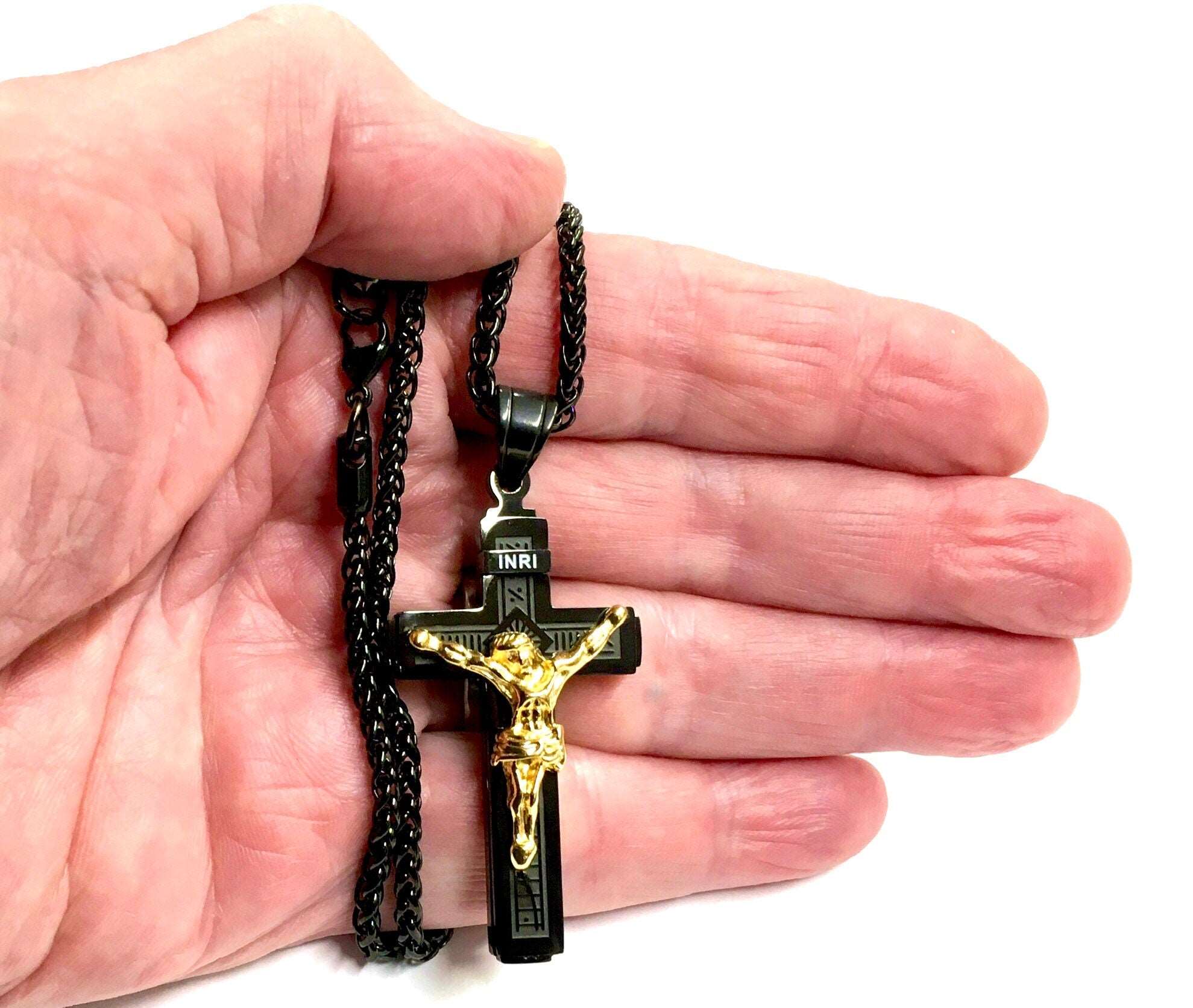 Crucifix pendant necklace on black box chain, gold Jesus figure, INRI tag