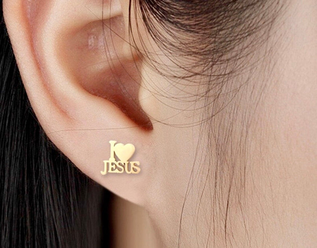 Heart Jesus stud earrings in gold-tone metal
