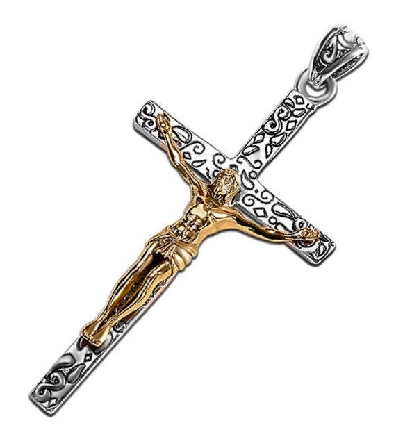 Gold-tone and silver-tone crucifix cross pendant with ornate filigree