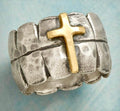 Vintage cross band ring with gold cross on brushed silver-tone band