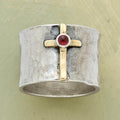 Vintage cross band ring with red stone detail, silver-tone with gold accents