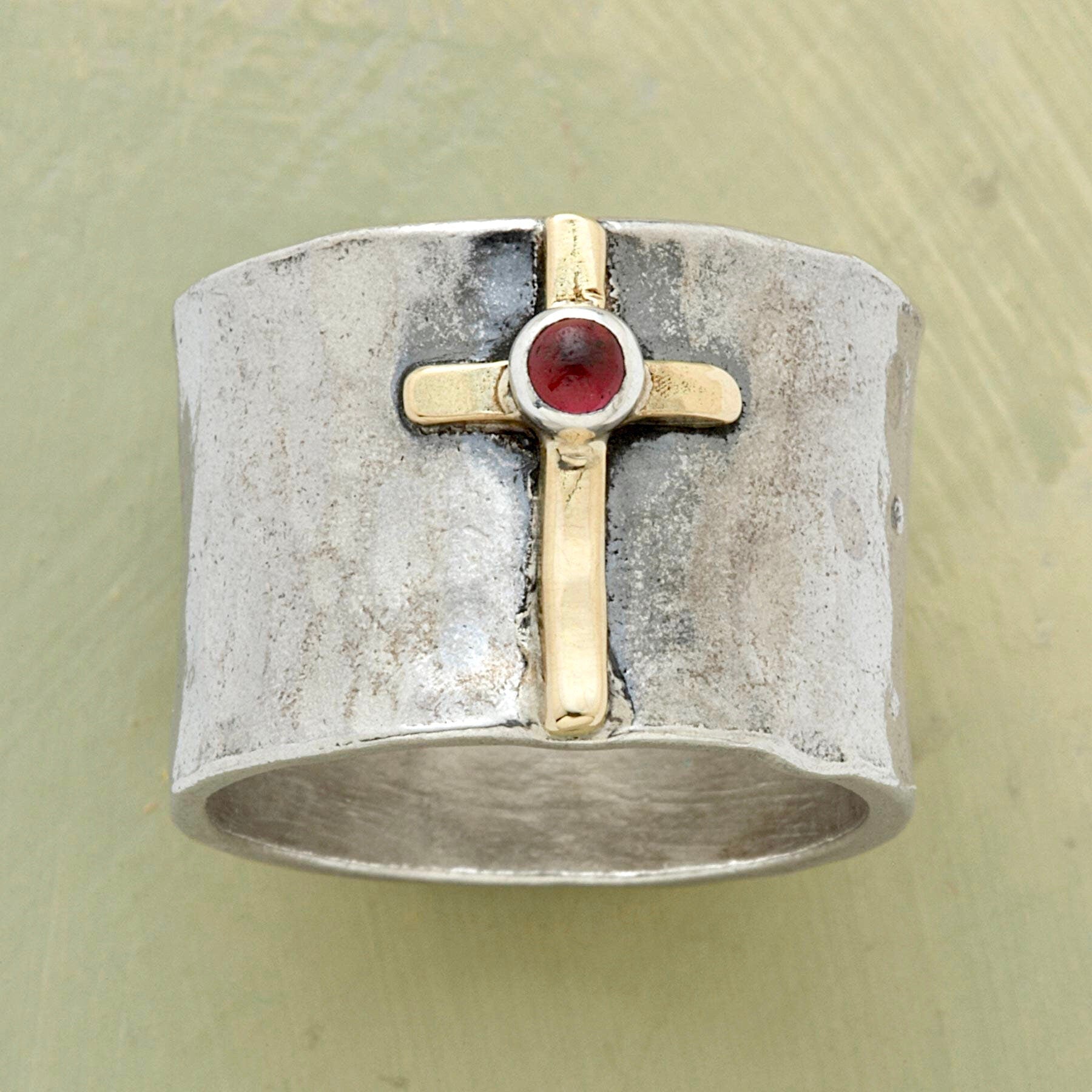 Vintage cross band ring with red stone detail, silver-tone with gold accents