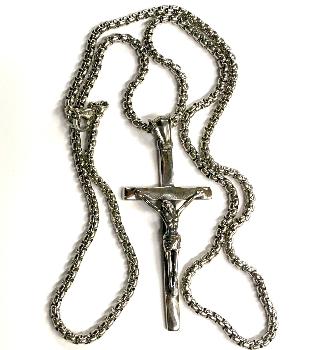 Stainless steel rosary-style crucifix pendant with double link chain, full cross view.