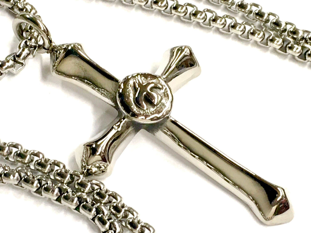Silver-tone crucifix cross pendant with linked chain