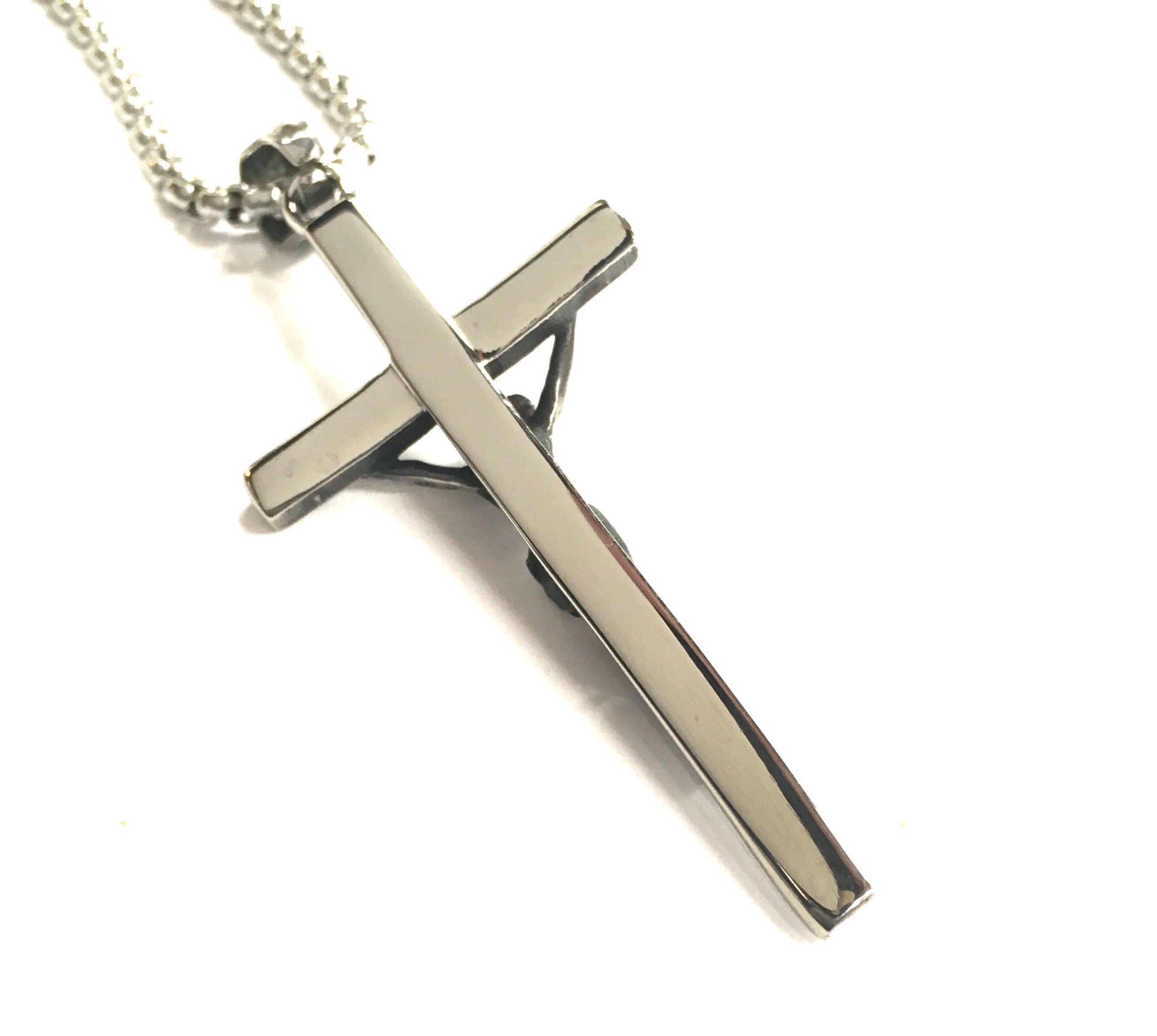 Stainless steel crucifix pendant with link chain, large cross with detailed Jesus.