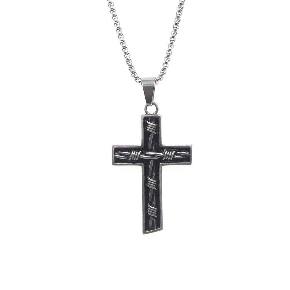 Stainless steel crucifix pendant on silver chain with rectangular bail